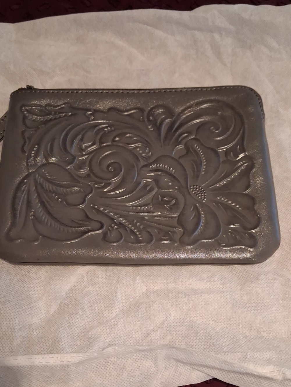 Patrica Nash Gray Tooled Leather Wristlet.brown Suede Interior.nwot.